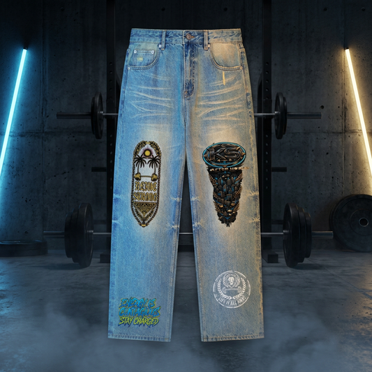 (K.s after hours ) Sun Fade Raw Hem Denim Jeans
