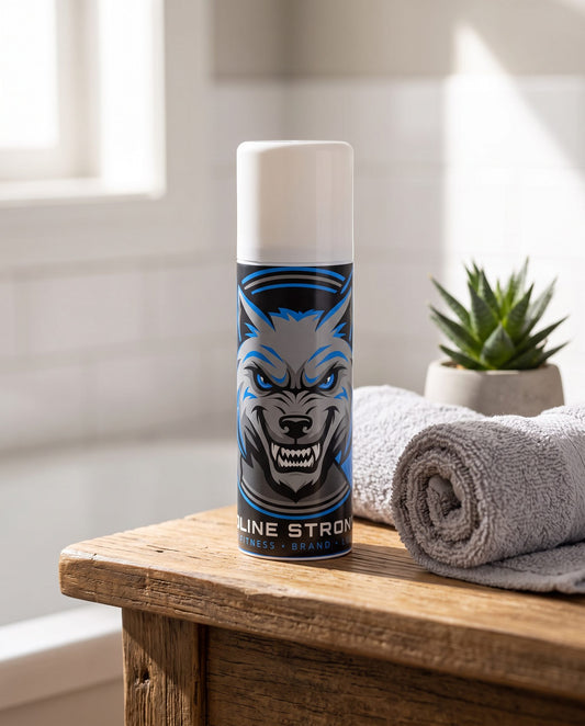 Kline Strong Green Tea Antioxidant Serum can with a wolf label on a wooden bathroom stool beside a rolled grey towel and a small succulent