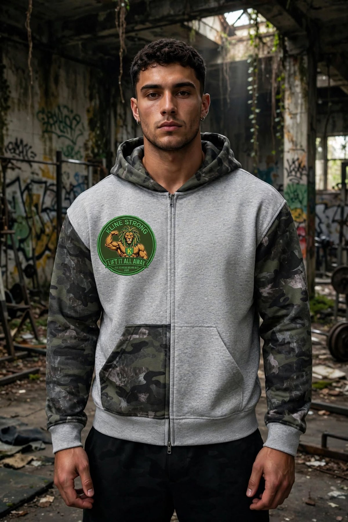 KSFBLLC(RASTA LION EDITION) Unisex Colorblock Camo Full Zip Boxy Hoodie