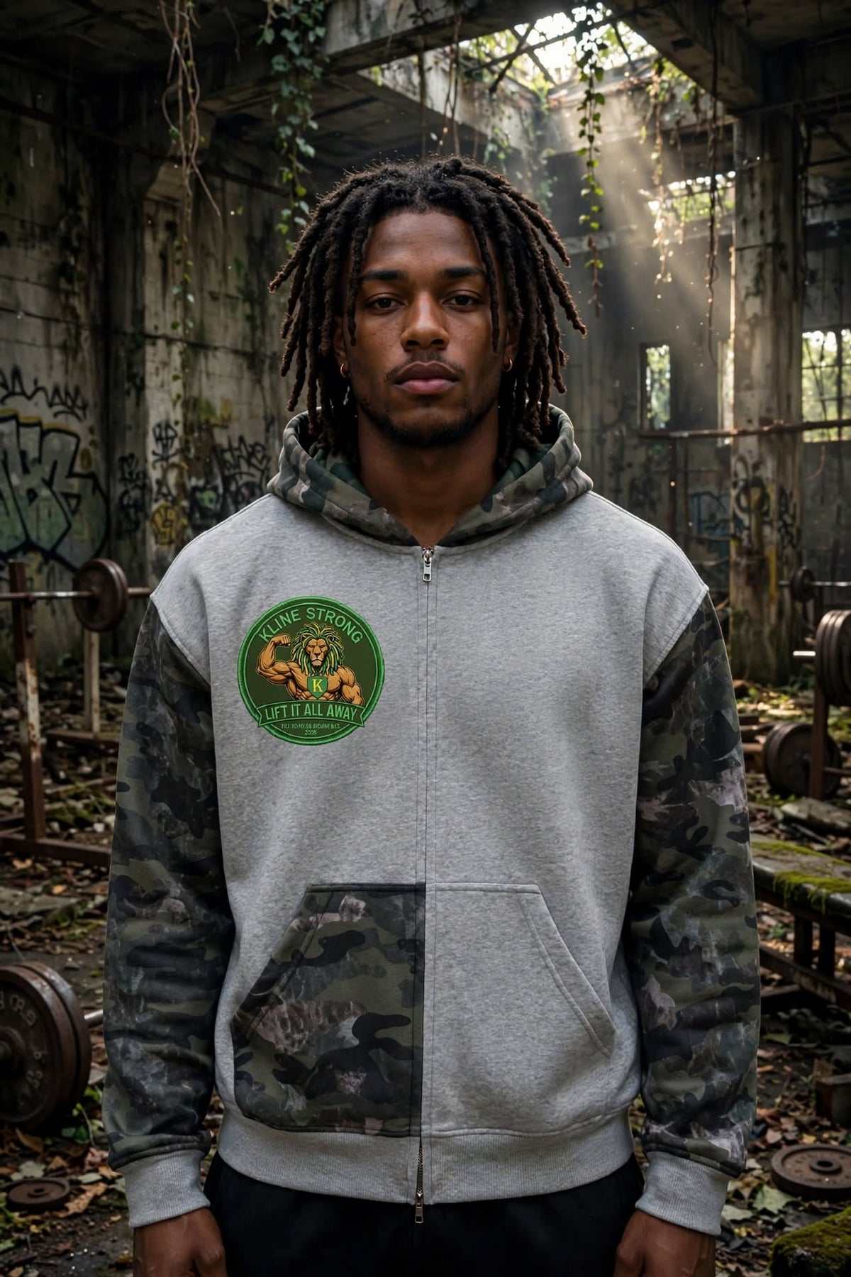 KSFBLLC(RASTA LION EDITION) Unisex Colorblock Camo Full Zip Boxy Hoodie